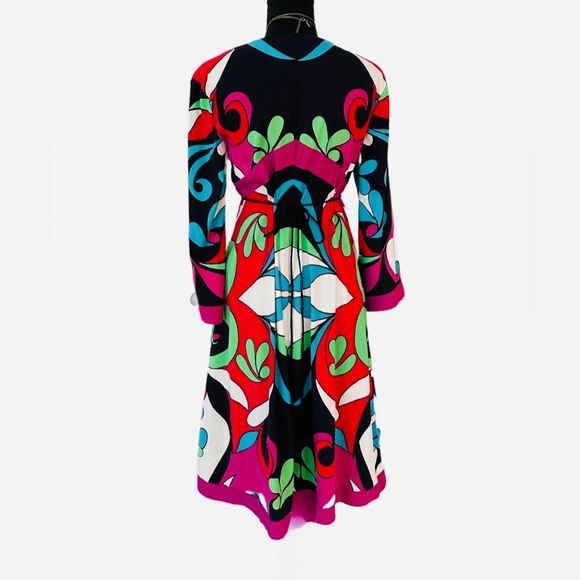 #42 NICOLE MILLER ~ Colorful Abstract 3/4 Sleeve Midi Dress Fully Lined Deep V - Picture 5 of 9